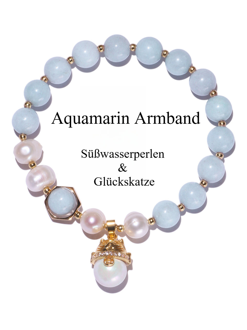 Natürlicher Aquamarin Armband|Süßwasserperlen & Glückskatze|Halschakra Heilung|Vergoldet & Handgefertigt