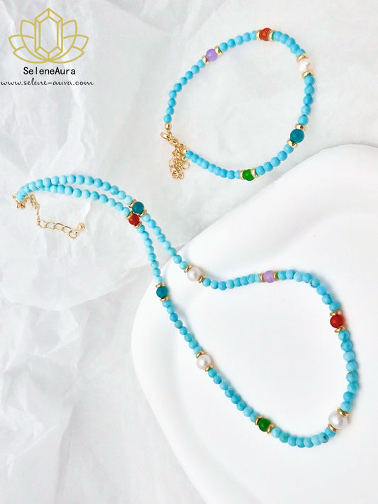 Natürlicher Türkis & Karneol Perlen Schmuck Set: Armband + Halskette für Frauen