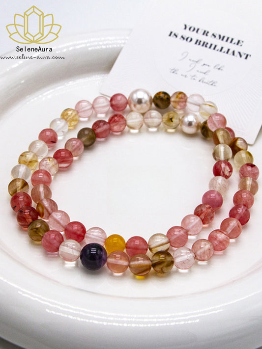 Frühlingserwachen Multistrand Armband & Halskette | Rosa Quarz + Prehnit + Bergkristall | Verstellbar