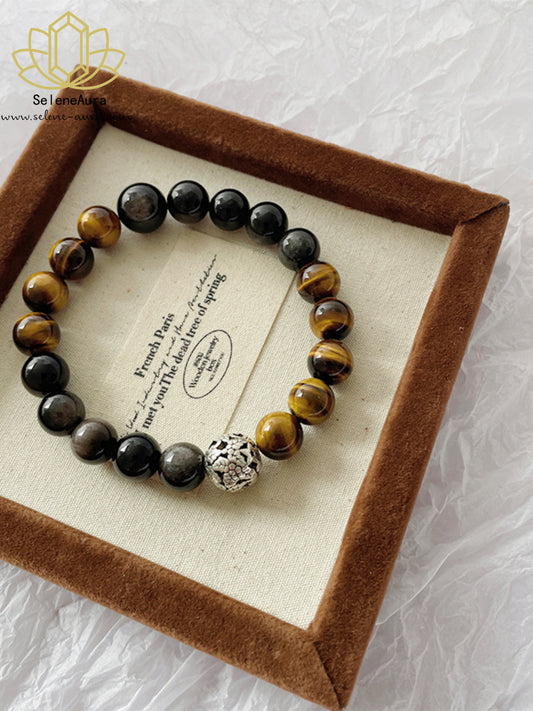 Natürliches Tigerauge & Silberobsidian Armband Mutschutz & Erdung SeleneAura