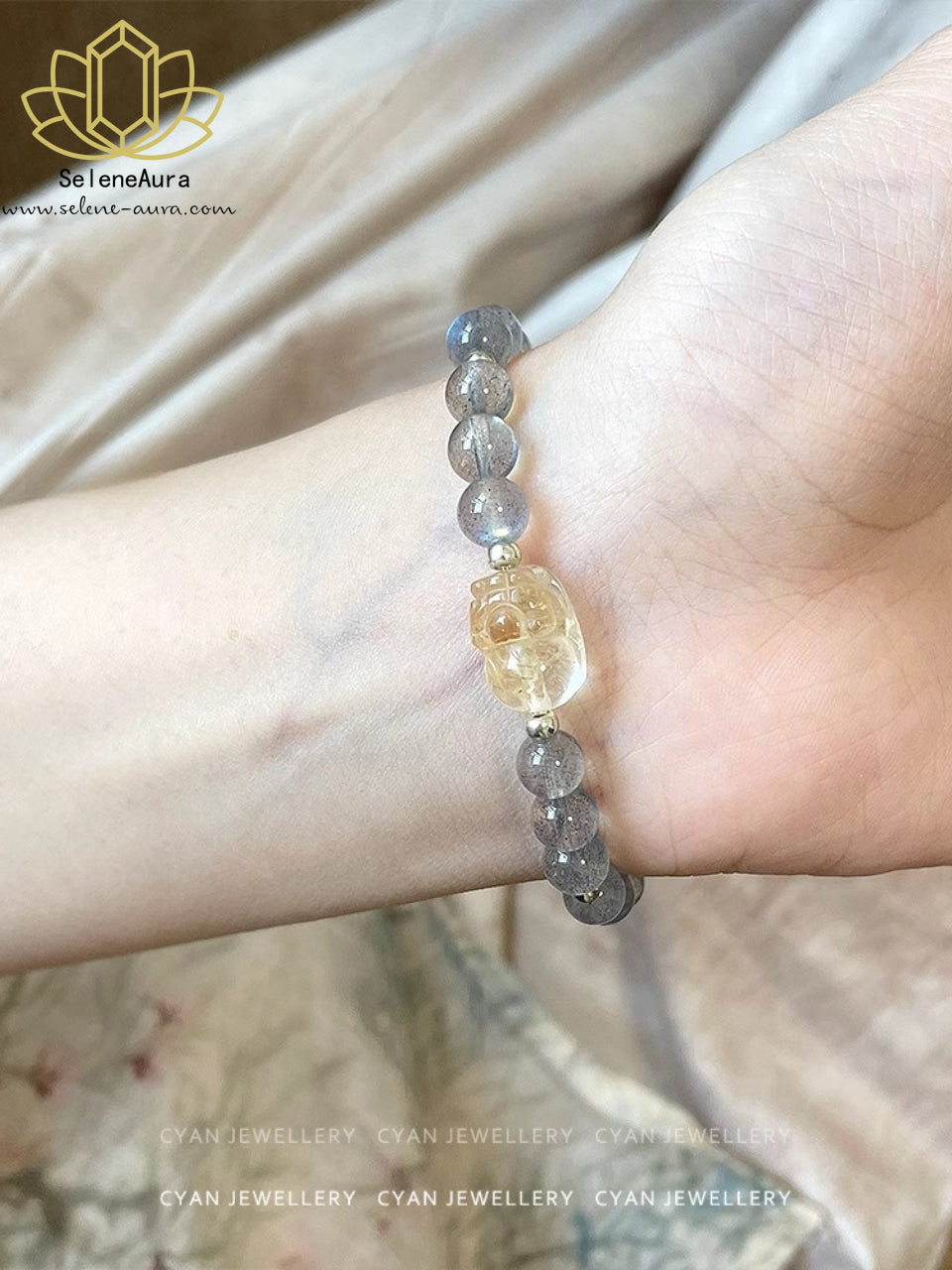 Natürlicher Graumond & Citrin Pixiu Armband Doppelte Reichtumsenergie