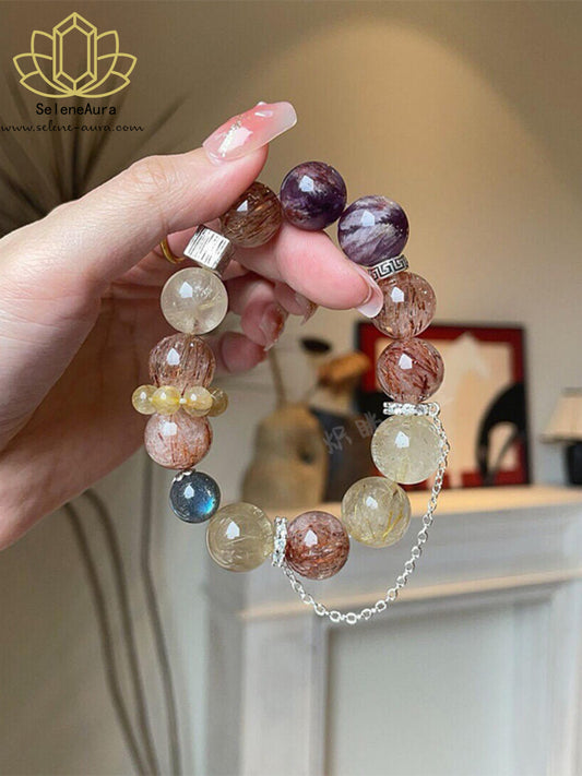 Natürlicher Amethyst Phantom & Mondstein Armreif Stärkend - Schwarzgold