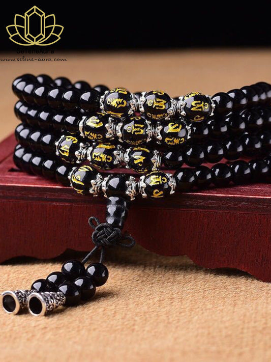 Schutz & Manifestation: 108er Obsidian Armband mit Tigerauge Mantra-Perlen