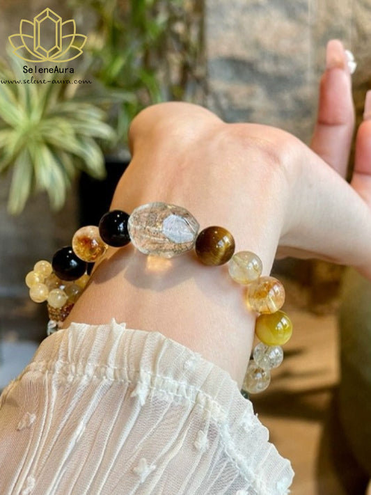 Schutz & Wohlstand Armband: Schwarzer Tigerauge, Goldrutilquarz & Grüner Phantomquarz Handgefertigt