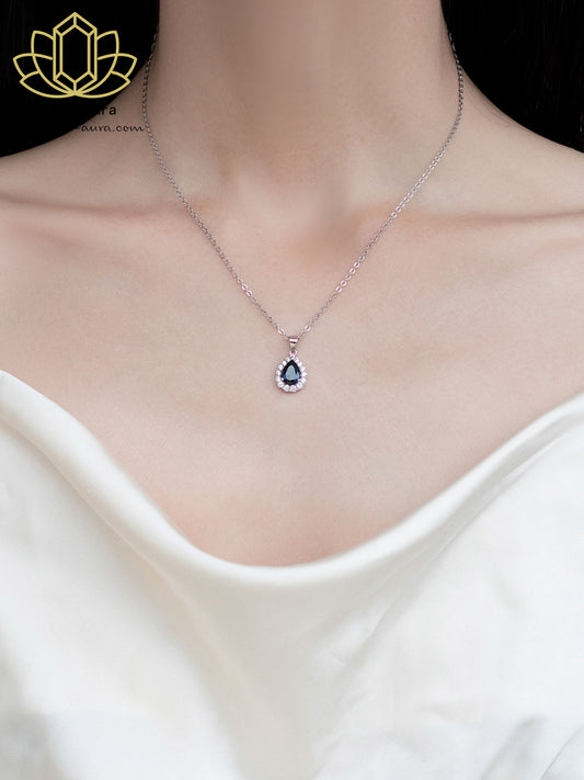 Silber Blue Saphir Anhänger | Koreanischer Trend | 925 Rhodium | Elegantes Collier