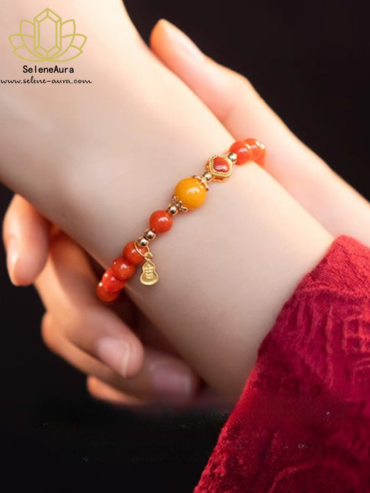 Nan Hong Armband | Satte Sichuan-Achat | S925 Klee & Bernstein Glücksperlen | Asiatisches Rotjuwel