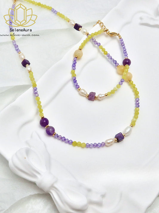 Mondgöttin Armband & Halskette Set: Süßwasserperlen, Zirkonia, Citrin & Amethys