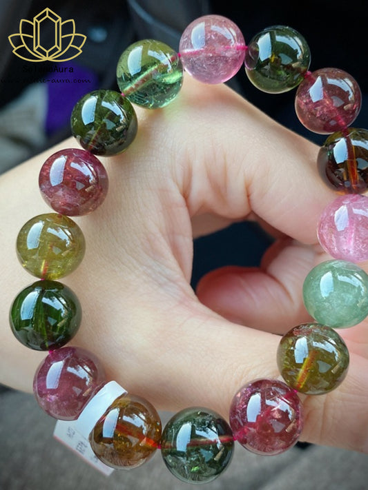 Natürlicher Regenbogen-Turmalin Armband | Große Perlen, intensive Farben | Energieausgleich