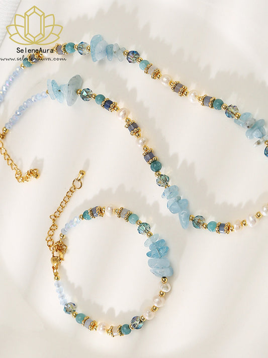 Meerjungfrau-Aura Armband & Halskette: Aquamarin, Blaue Kristalle, Barockperlen