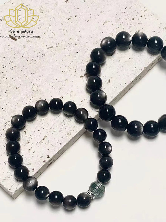 Schwarzer Obsidian + Phantom Quarz Armband