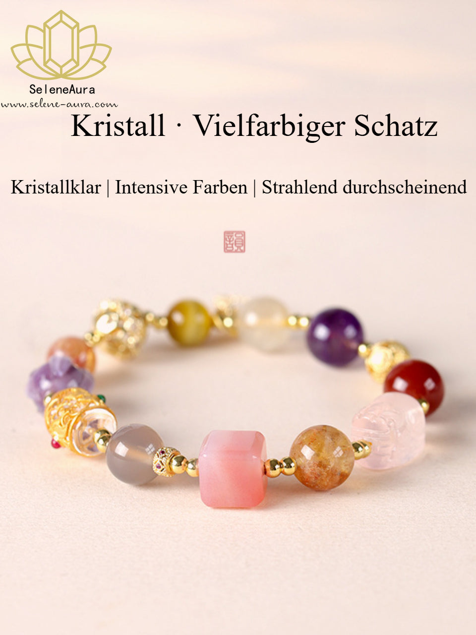 Multischatz Edelstein-Armband | Glücks-Pixiu & Rosenquarz | 11 Energie-Kristalle | Unikat Design