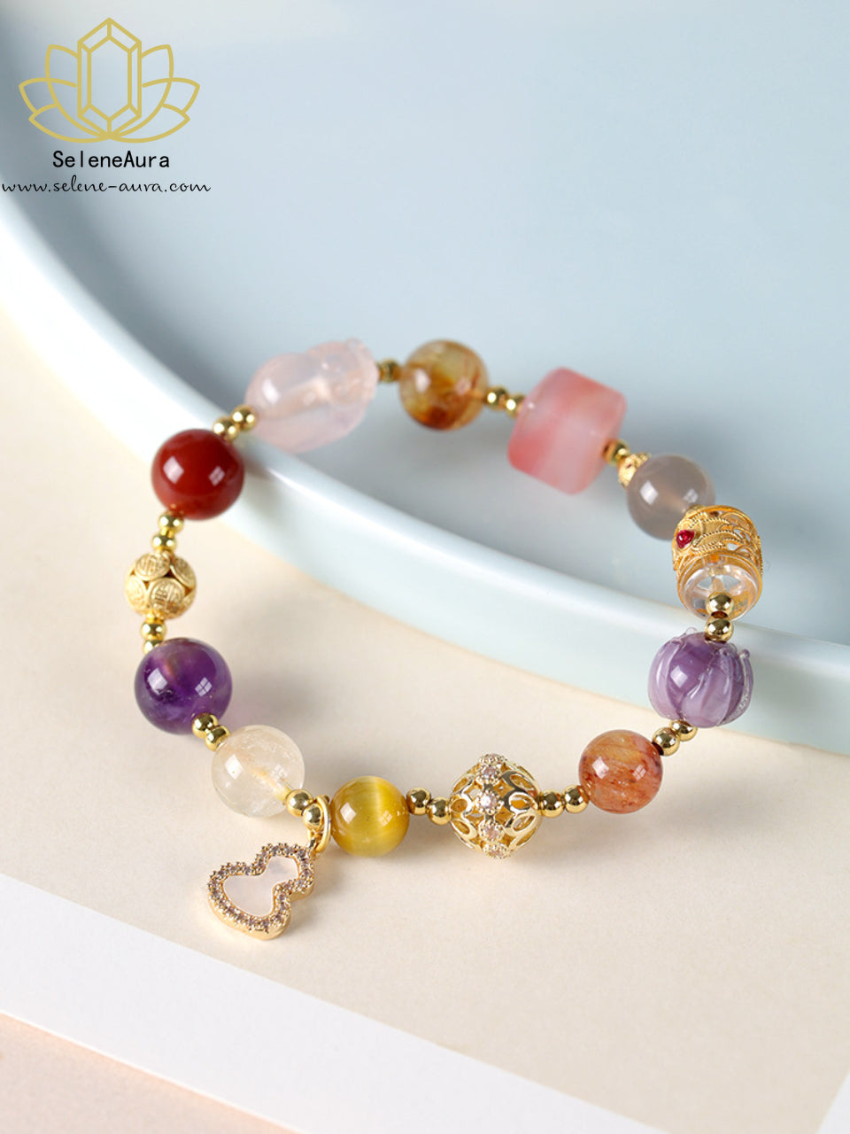 Multischatz Edelstein-Armband | Glücks-Pixiu & Rosenquarz | 11 Energie-Kristalle | Unikat Design