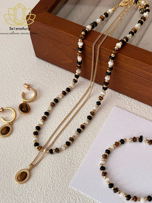 Tigerauge-Mutterperlmutt-Achat Perlenkette | Maillard Vintage Herbst/Winter | Energie Schmuck