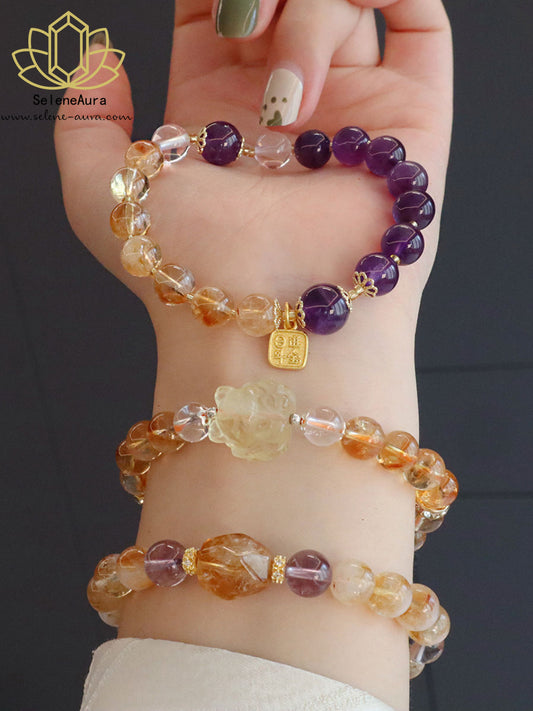 Natürliches Citrin & Amethyst Armband|Reichtumsschmuck|Handgefertigtes Damenarmband