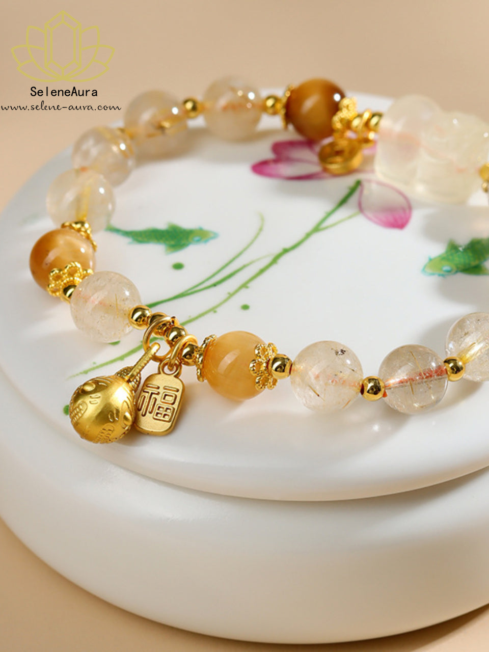 Goldener Pi Xiu Armreif|Citrin & Rutilquarz|Modernes Chinoiserie Design | Pi Xiu Armband