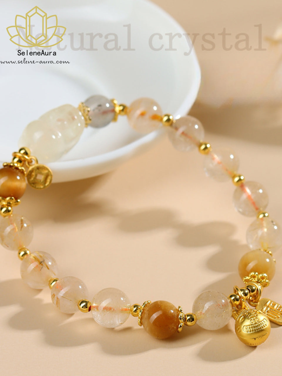 Goldener Pi Xiu Armreif|Citrin & Rutilquarz|Modernes Chinoiserie Design | Pi Xiu Armband
