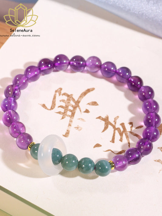 Neun-Lila-Flammen Amethyst Armband | Weisheits-Steinkreis | Saphirit & Chalzedon Energie