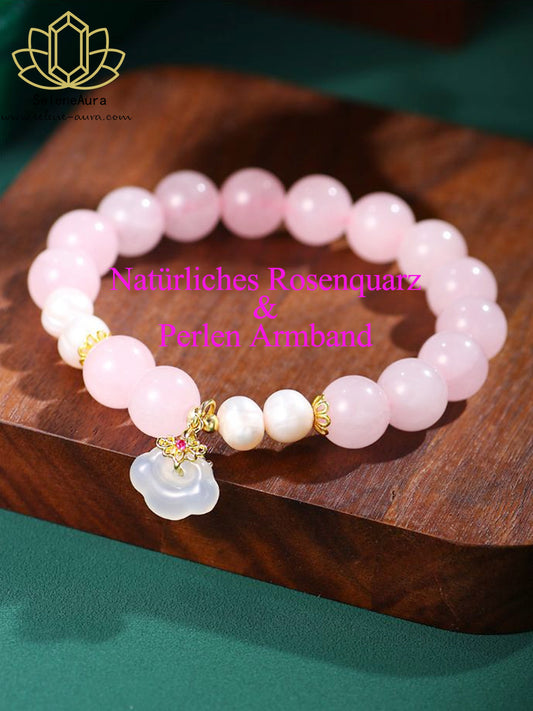 Natürliches Rosenquarz & Perlen Armband | Herzchakra-Energietrio | Glückssymbol Design