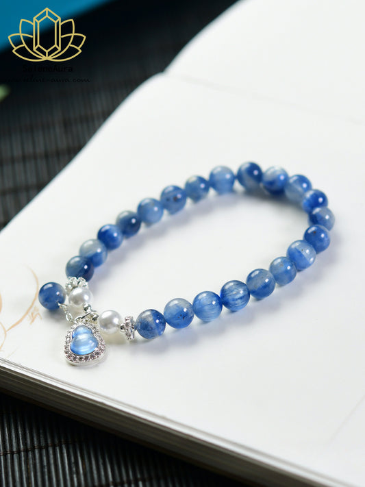 Handgefertigtes Kyanit-Ölgemälde Armband mit Perlmutt & Kalebasse