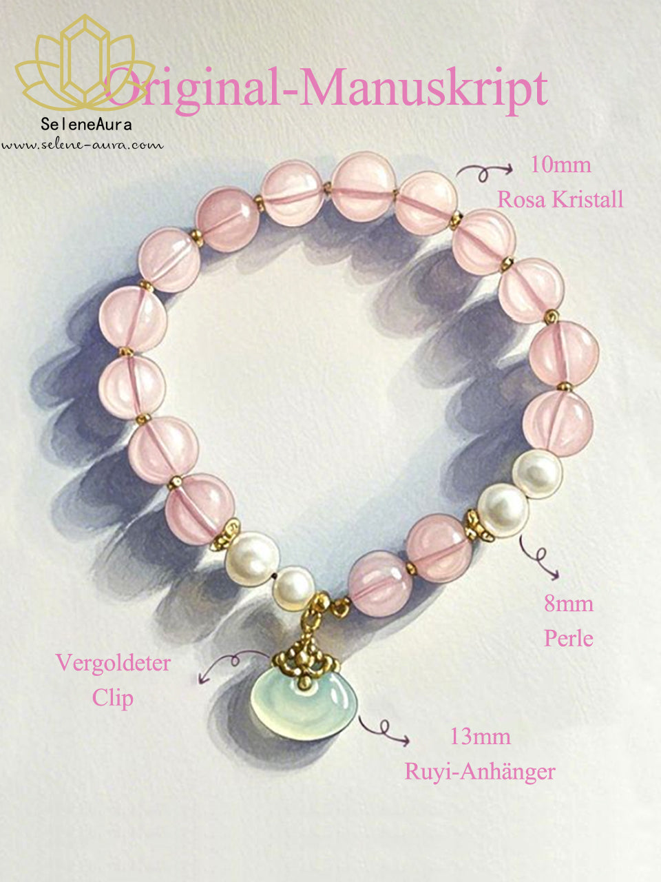 Natürliches Rosenquarz & Perlen Armband | Herzchakra-Energietrio | Glückssymbol Design