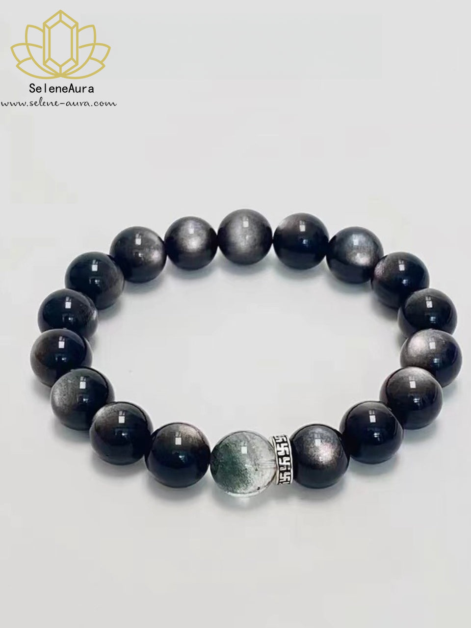 Schwarzer Obsidian + Phantom Quarz Armband