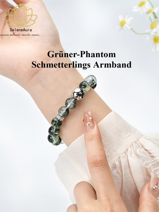Grüner-Phantom Schmetterlings Armband | Eisklar Holz-Energie | S925 Silber-Obsidian