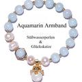 Natürlicher Aquamarin Armband｜Süßwasserperlen & Glückskatze｜Halschakra Heilung｜Vergoldet & Handgefertigt
