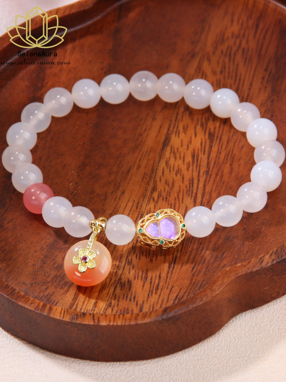 Natürliches Achat Damenarmband | YanYuan-Achat Armband | Weißer Achat-Armband mit Kalebassen-Anhänger