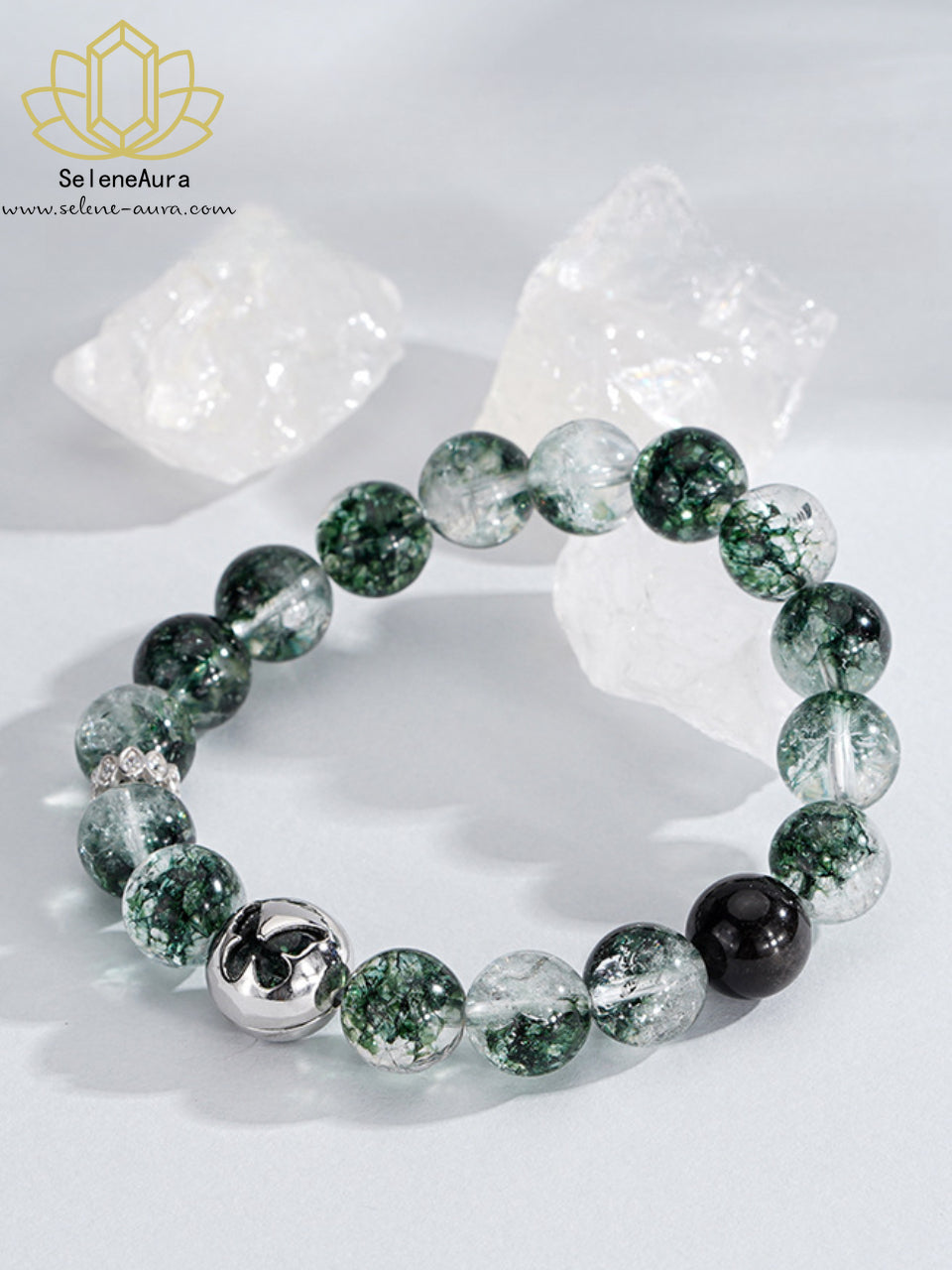 Grüner-Phantom Schmetterlings Armband | Eisklar Holz-Energie | S925 Silber-Obsidian