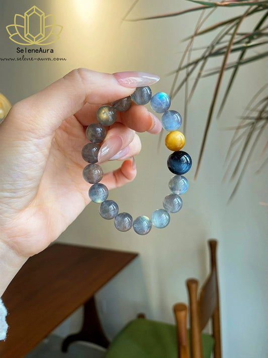 Natürlicher Graumondstein Blau/Gold-Tigerauge ArmbandEdles Kristall-Energie Armband