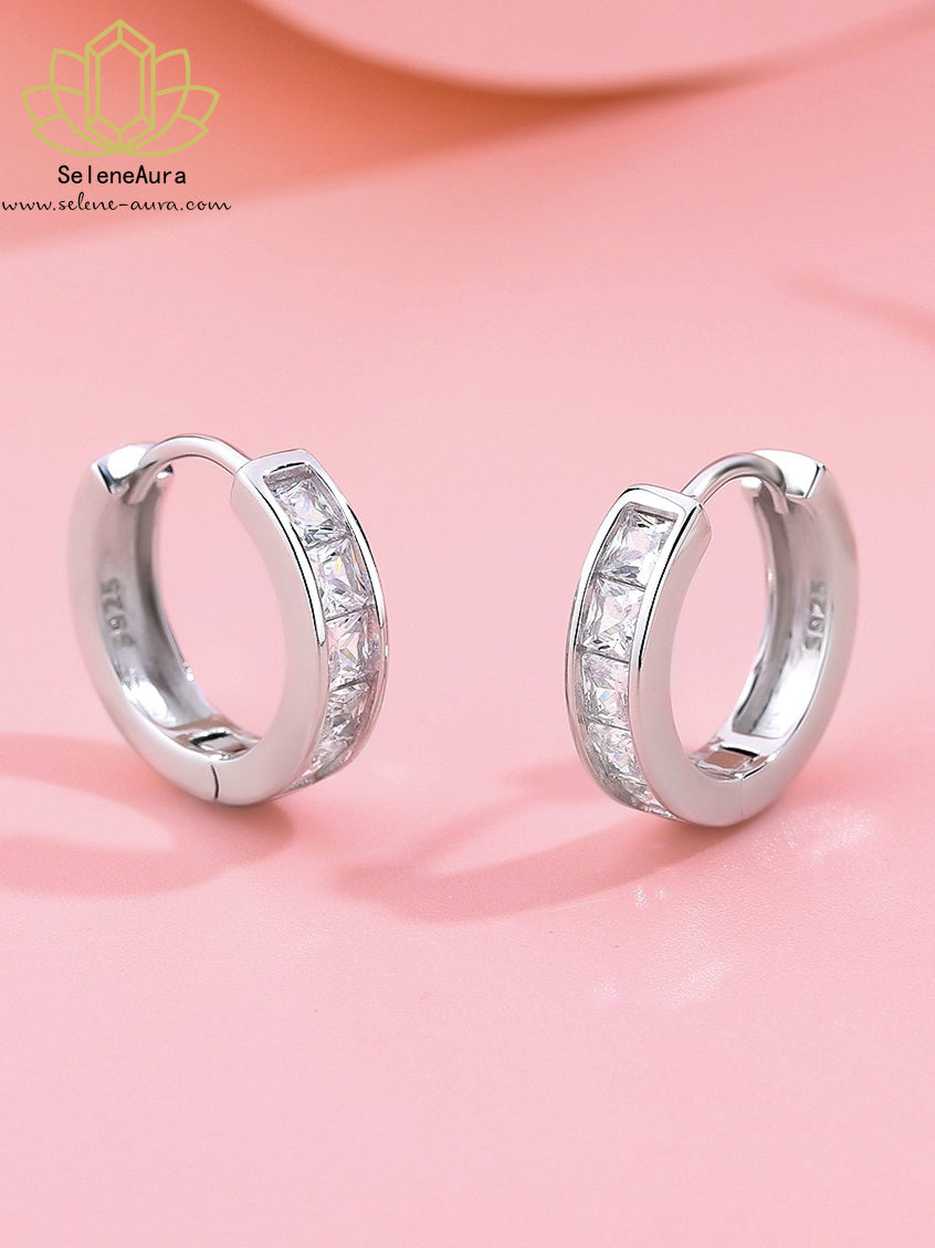 S925 Sterling Silber Würfel & Kreis Ohrclips | Schimmernder Zirkonia | Süß-Cooler Stil