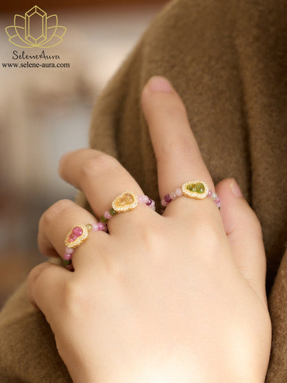 Buntes Turmalin & Perlen Ring Set  | S925 Goldplattiert |  Kristallring