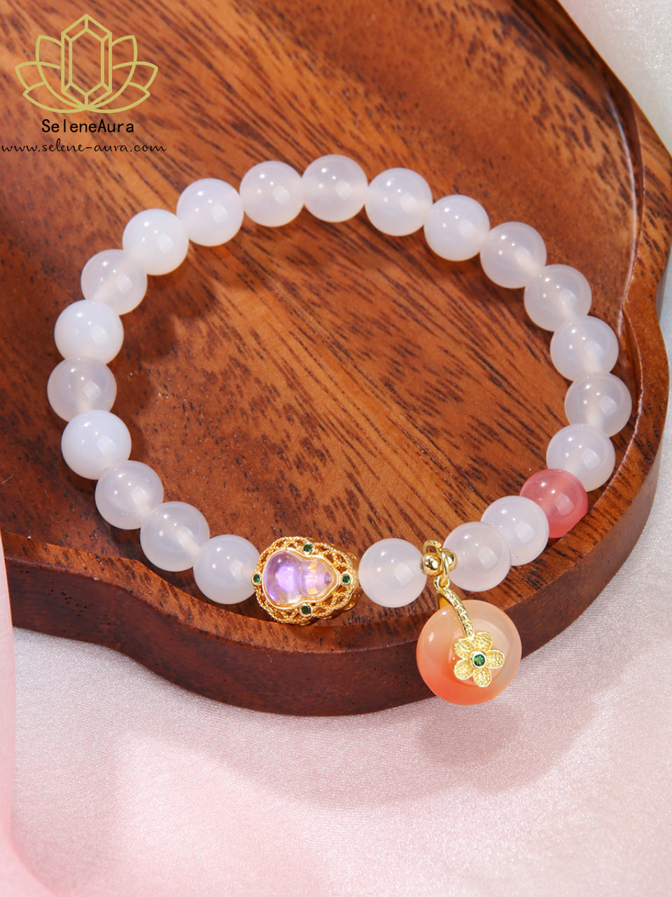 Natürliches Achat Damenarmband | YanYuan-Achat Armband | Weißer Achat-Armband mit Kalebassen-Anhänger