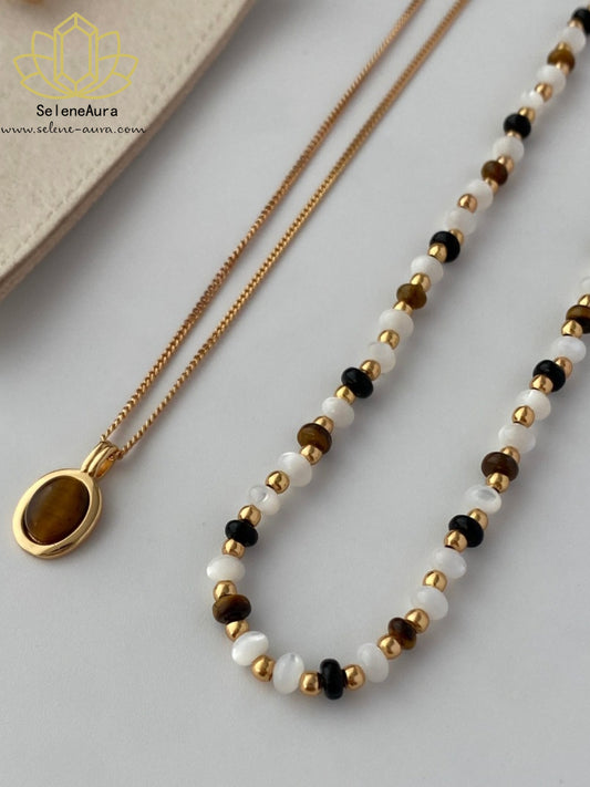 Tigerauge-Mutterperlmutt-Achat Perlenkette | Maillard Vintage Herbst/Winter | Energie Schmuck