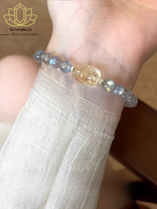 Natürlicher Graumond & Citrin Pixiu Armband Doppelte Reichtumsenergie