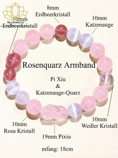 Natürliches Rosenquarz Armband｜19mm Pi Xiu & Erdbeer-Katzenauge｜Herzchakra Heilung