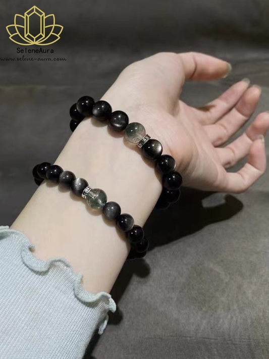 Schwarzer Obsidian + Phantom Quarz Armband