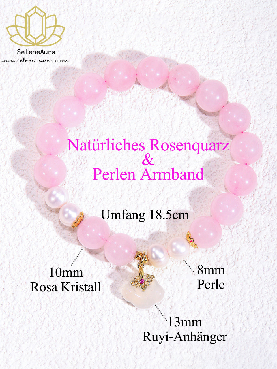 Natürliches Rosenquarz & Perlen Armband | Herzchakra-Energietrio | Glückssymbol Design