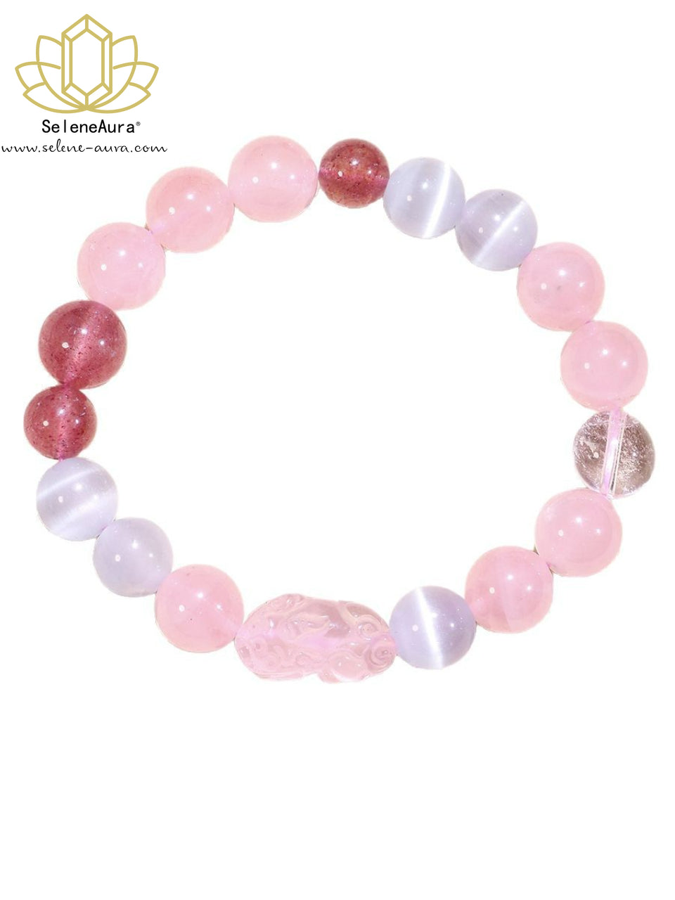 Natürliches Rosenquarz Armband｜19mm Pi Xiu & Erdbeer-Katzenauge｜Herzchakra Heilung