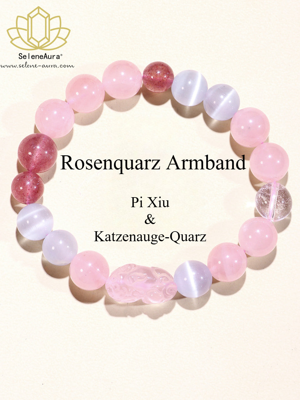 Natürliches Rosenquarz Armband｜19mm Pi Xiu & Erdbeer-Katzenauge｜Herzchakra Heilung