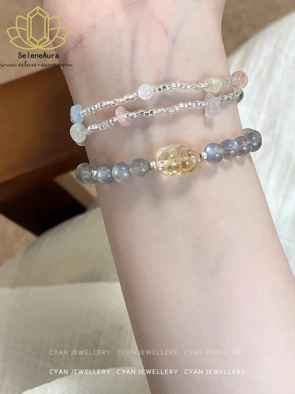 Natürlicher Graumond & Citrin Pixiu Armband Doppelte Reichtumsenergie
