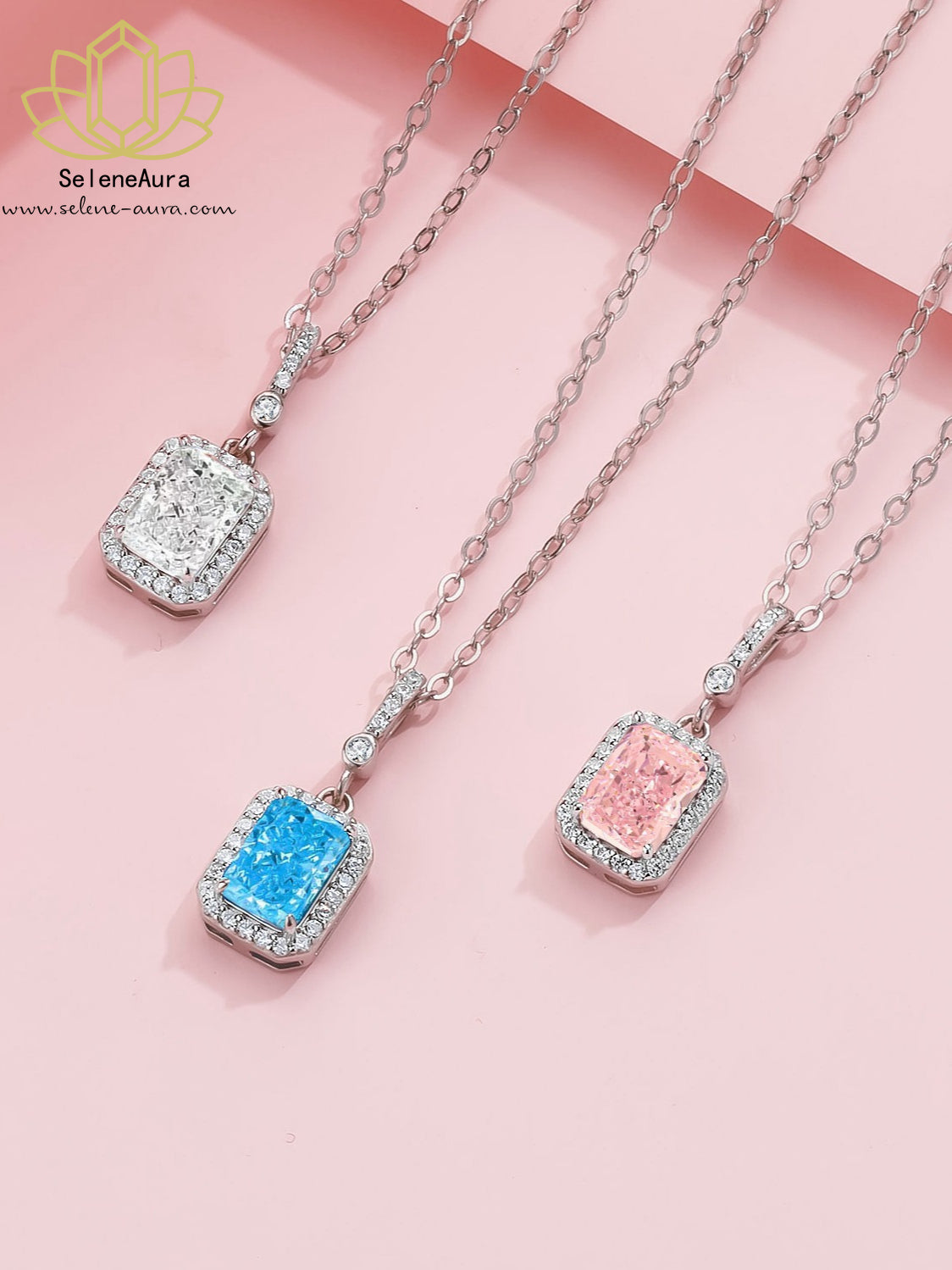 Rosenquarz Zuckerwürfel Parfümflakon Anhänger S925 Silber Rhodium Rosa Diamanten