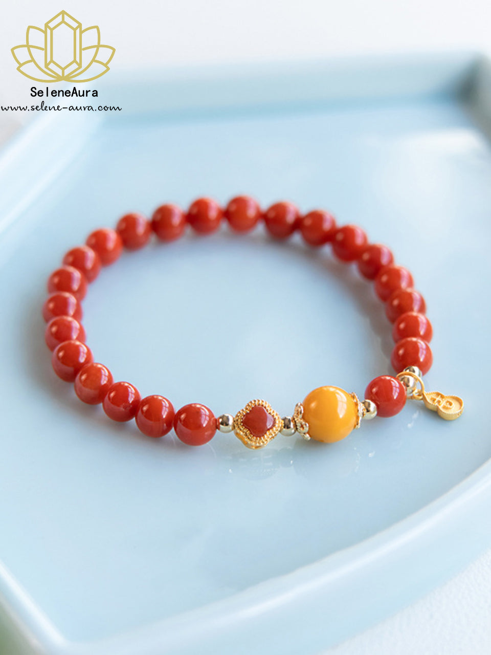 Nan Hong Armband | Satte Sichuan-Achat | S925 Klee & Bernstein Glücksperlen | Asiatisches Rotjuwel