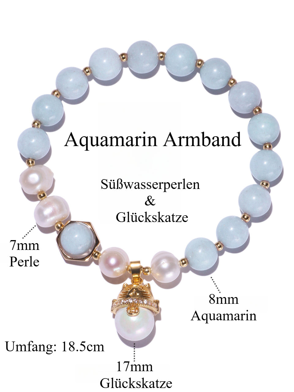 Natürlicher Aquamarin Armband｜Süßwasserperlen & Glückskatze｜Halschakra Heilung｜Vergoldet & Handgefertigt