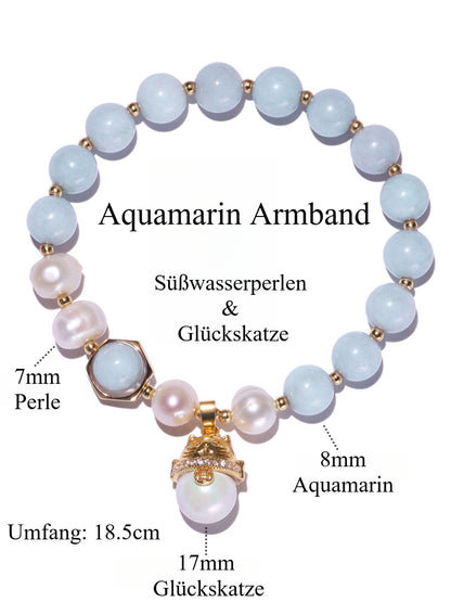 Natürlicher Aquamarin Armband｜Süßwasserperlen & Glückskatze｜Halschakra Heilung｜Vergoldet & Handgefertigt