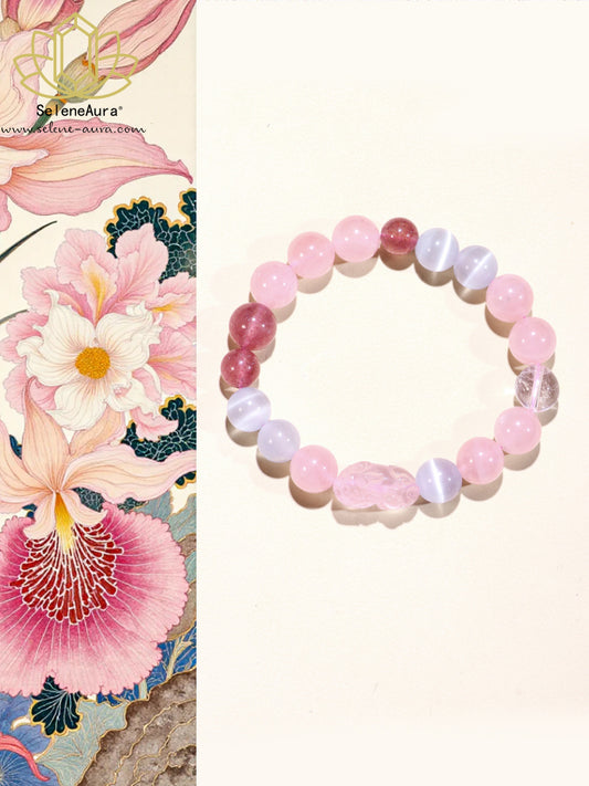 Natürliches Rosenquarz Armband｜19mm Pi Xiu & Erdbeer-Katzenauge｜Herzchakra Heilung