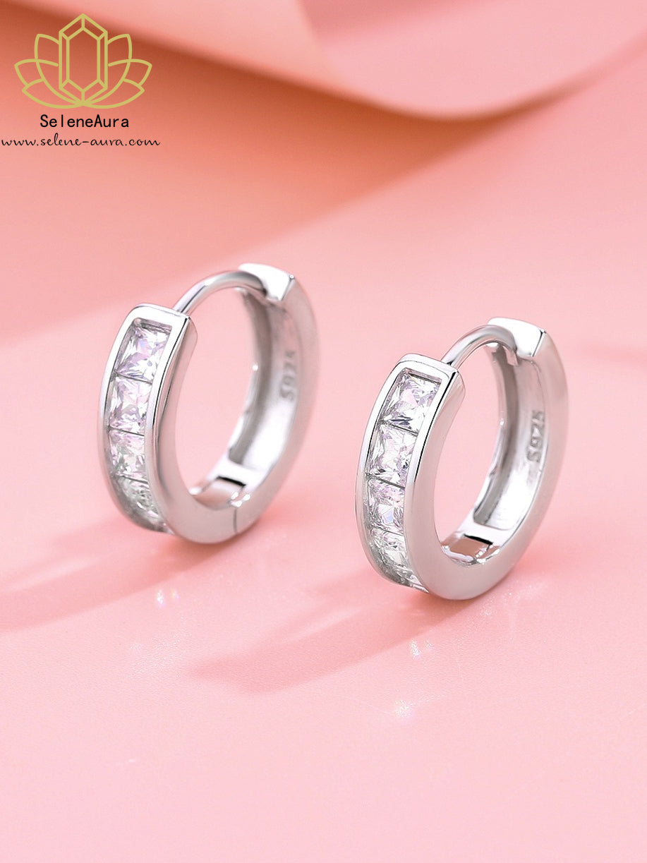 S925 Sterling Silber Würfel & Kreis Ohrclips | Schimmernder Zirkonia | Süß-Cooler Stil