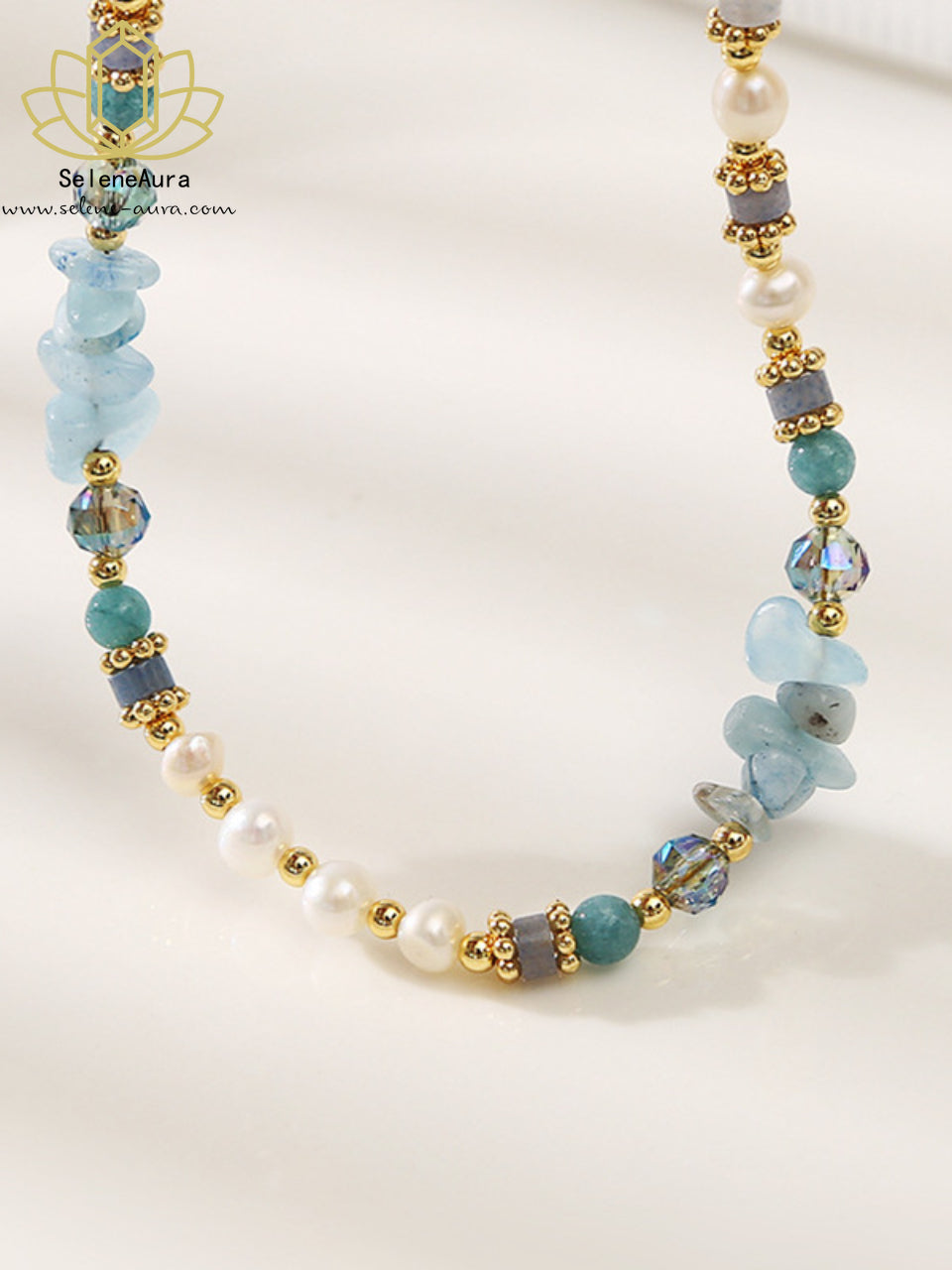 Meerjungfrau-Aura Armband & Halskette: Aquamarin, Blaue Kristalle, Barockperlen
