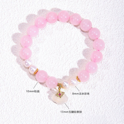 Natürliches Rosenquarz & Perlen Armband | Herzchakra-Energietrio | Glückssymbol Design