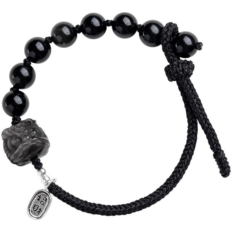 Natürliches Obsidian Löwentanz Armband｜Silberner Katzenanhänger｜Edles Schutzarmband｜Handgeflochtenes Energie-Accessoire obsidian natur naturally occurring obsidian